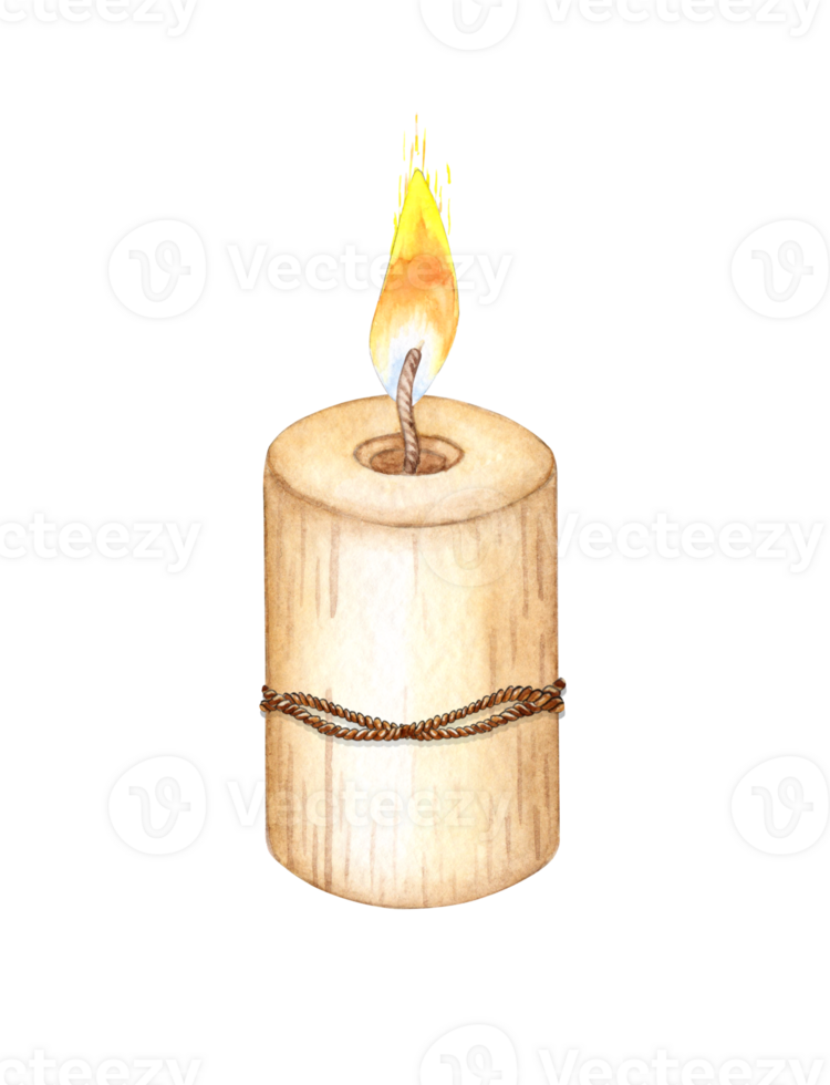 Rustic cylindrical burning candle tied with string watercolor illustration. Isolated from the background. The candle has a warm, natural tone and is perfect for adding a cozy touch to any design. png