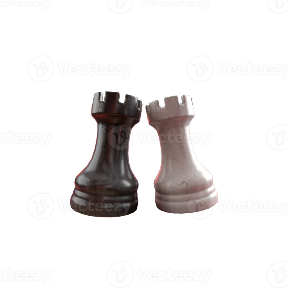 two rook chess pieces, black and white facing each other, to create a scene png