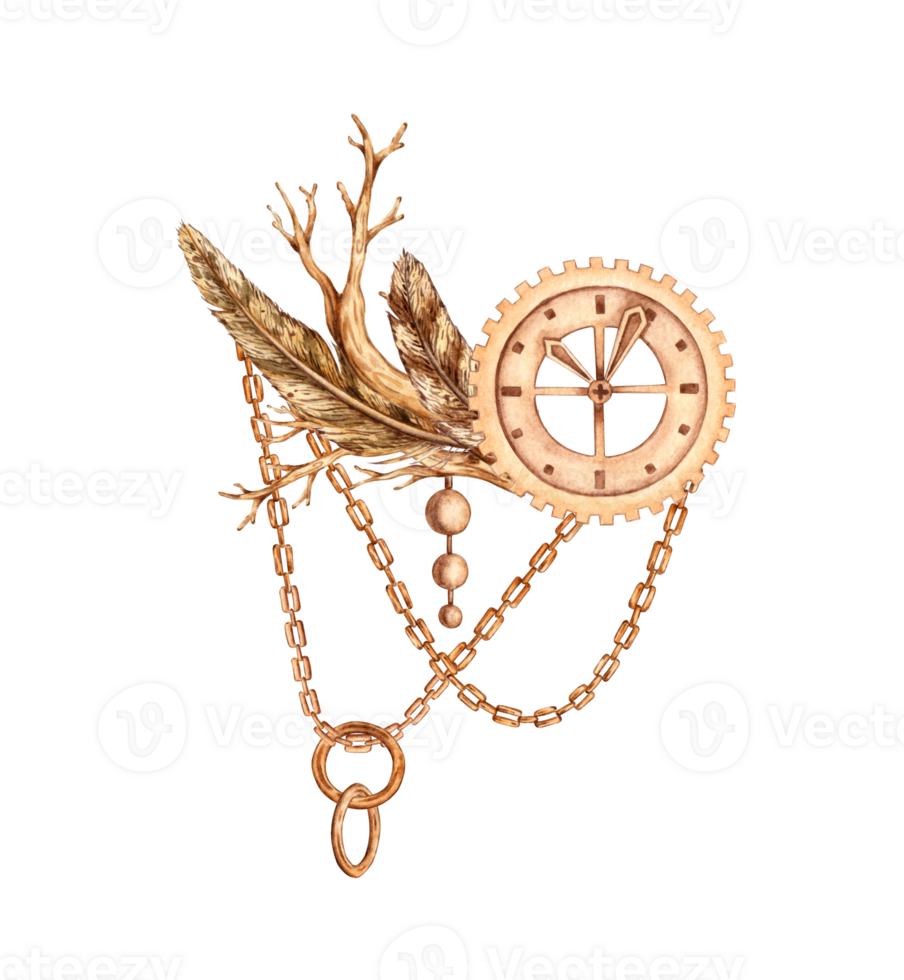 Metal dial with feathers, dry branch, chains and pendants in steampunk style from gears, nuts, watercolor illustrations. Mechanical souvenir in techno style. Ideal for cards, covers, posters packaging png