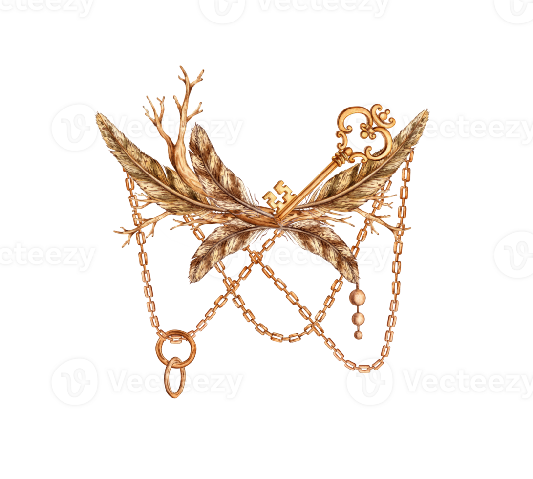 Key with dry branch feathers, chains and pendants in steampunk style from gears, nuts, watercolor illustrations. Mechanical souvenir in vintage techno style. Ideal for cards, covers posters packaging. png