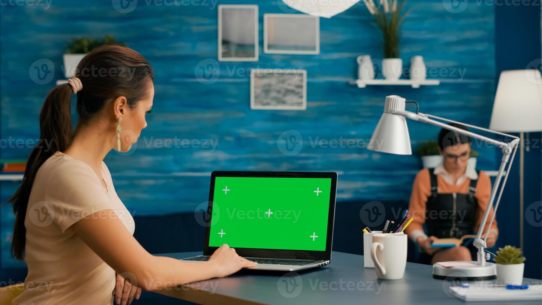 Freelancer using computer with mock up green screen chroma key for business company standing on desk table. Woman using isolated home office pc working at commerce project in home office photo