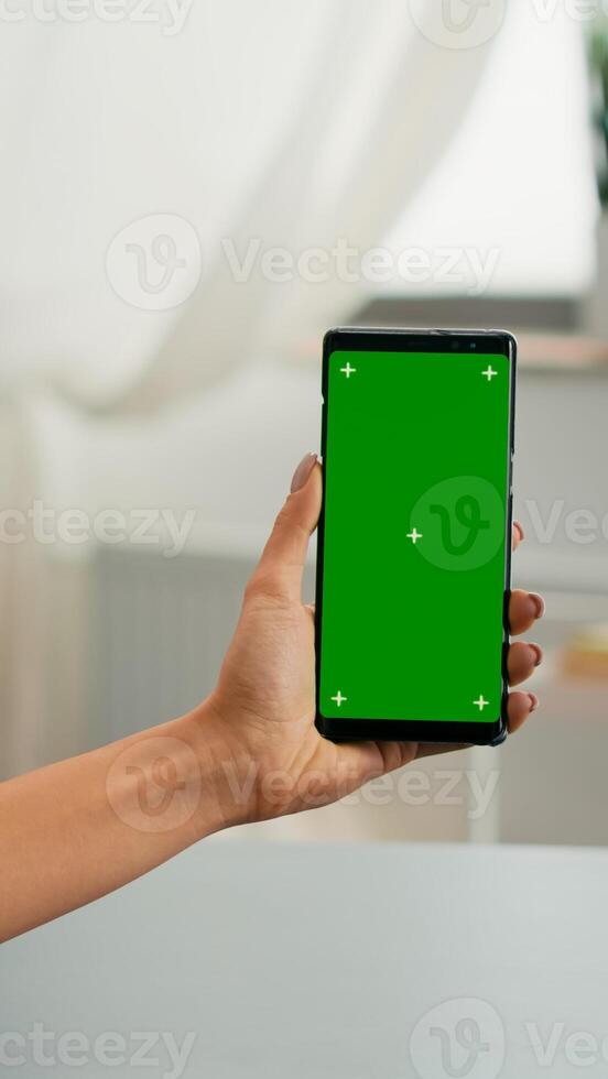 Back view of freelencer holding chroma key green screen mock up smartphone watching social media content. Caucasian woman sitting on office desk working on marketing project using isolated gadget photo