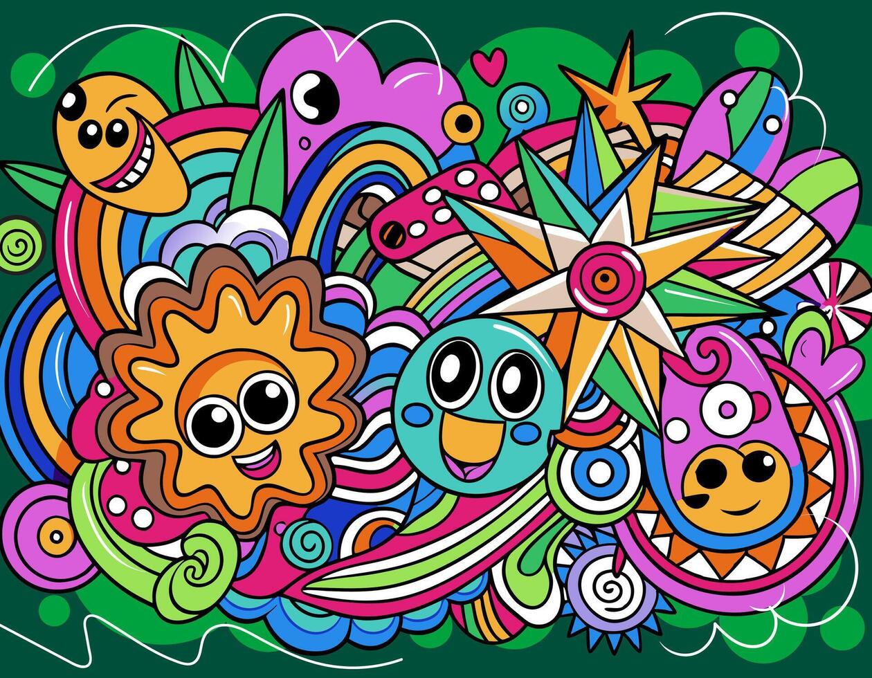 Abstract graffiti background with cute doodle characters in vibrant colors hand-drawn style vector