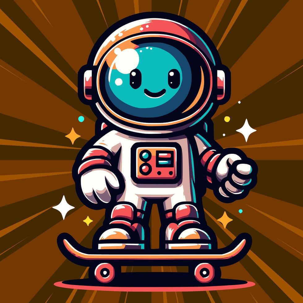 skull astronaut playing skateboard in attractive pose in cartoon style vector