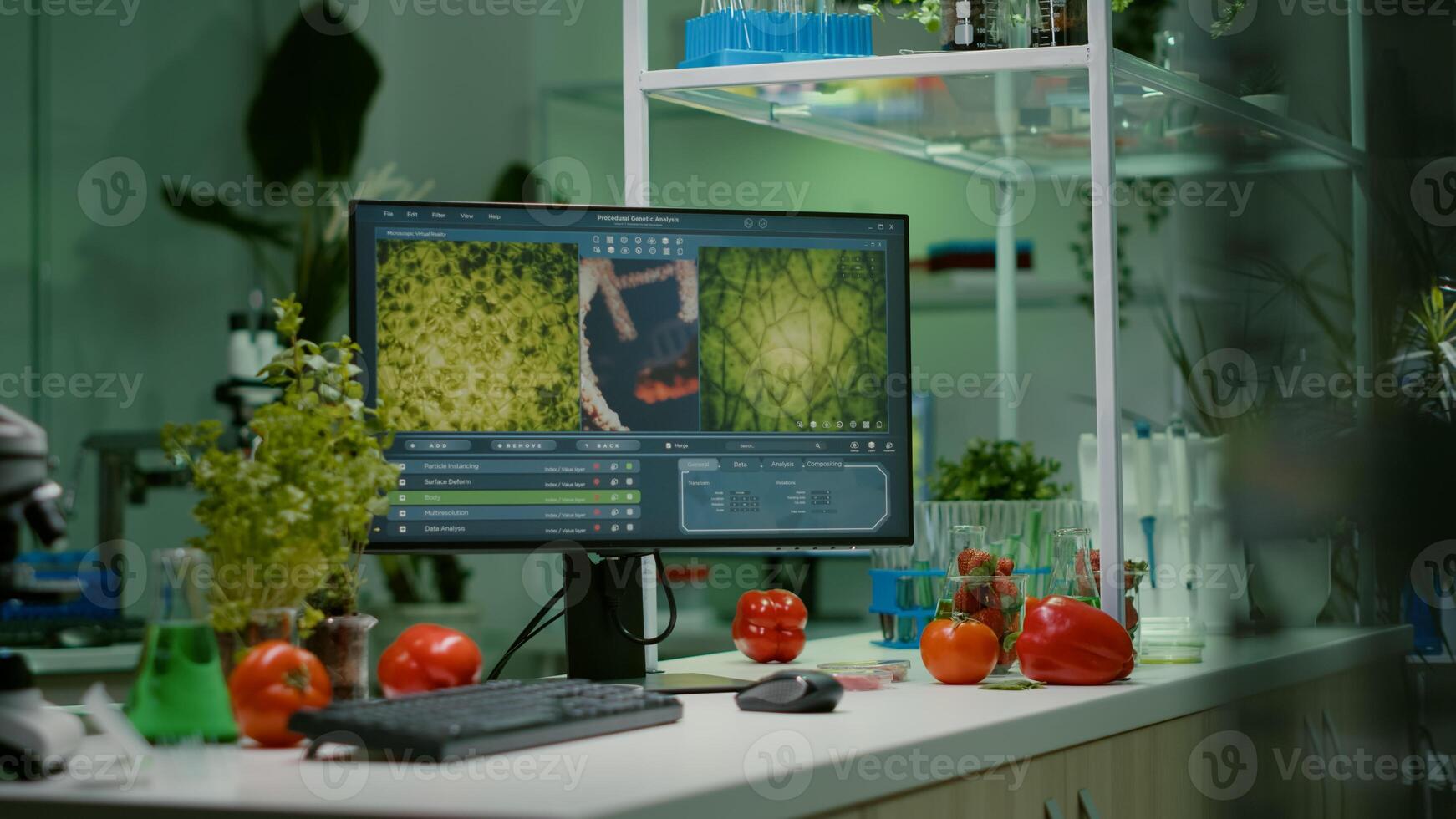 Empty microbiology laboratory with nobody in it prepared for developing chemical dna experiment. Biochemistry lab eqquiped with high tech tools for pharmaceutical food GMO biology medical research photo