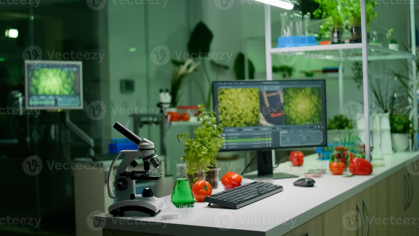 Empty microbiology laboratory with nobody in it equipped with professional equipment prepared for biological innovation using hight tech tools for scientific biochemistry research photo