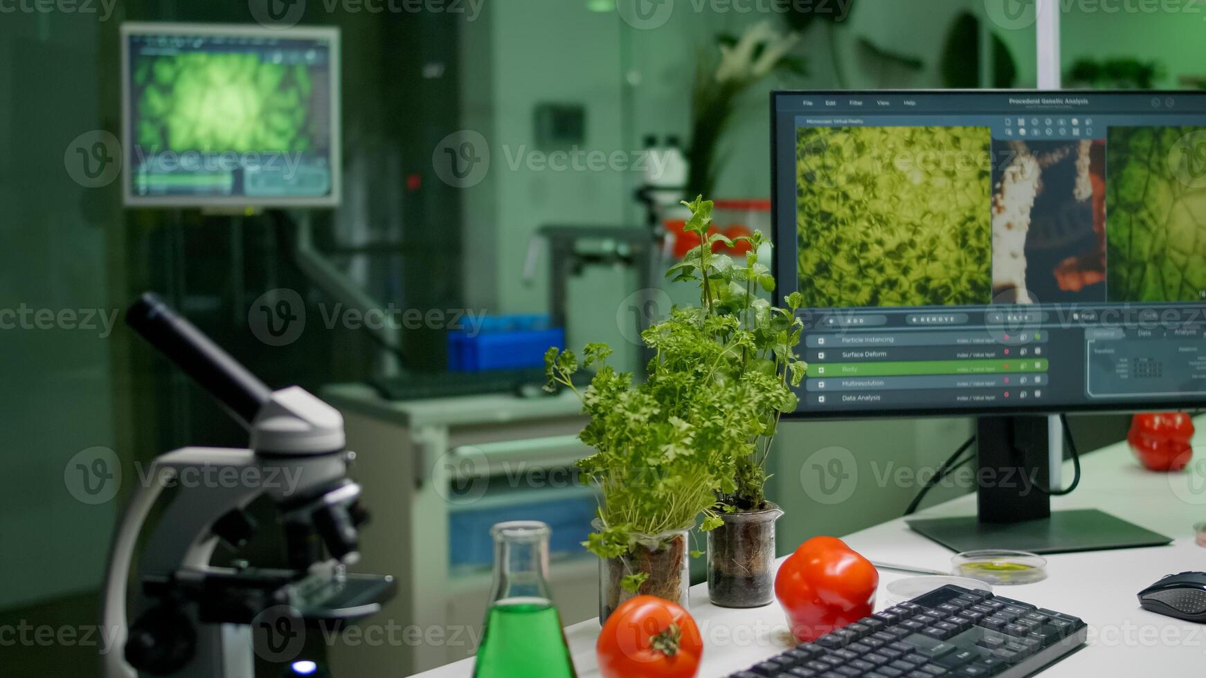 Close up of scientific research laboratory with glass test tubes, flask, microscope and sapling on workplace table. Biochemistry lab is prepared for biological experiment photo
