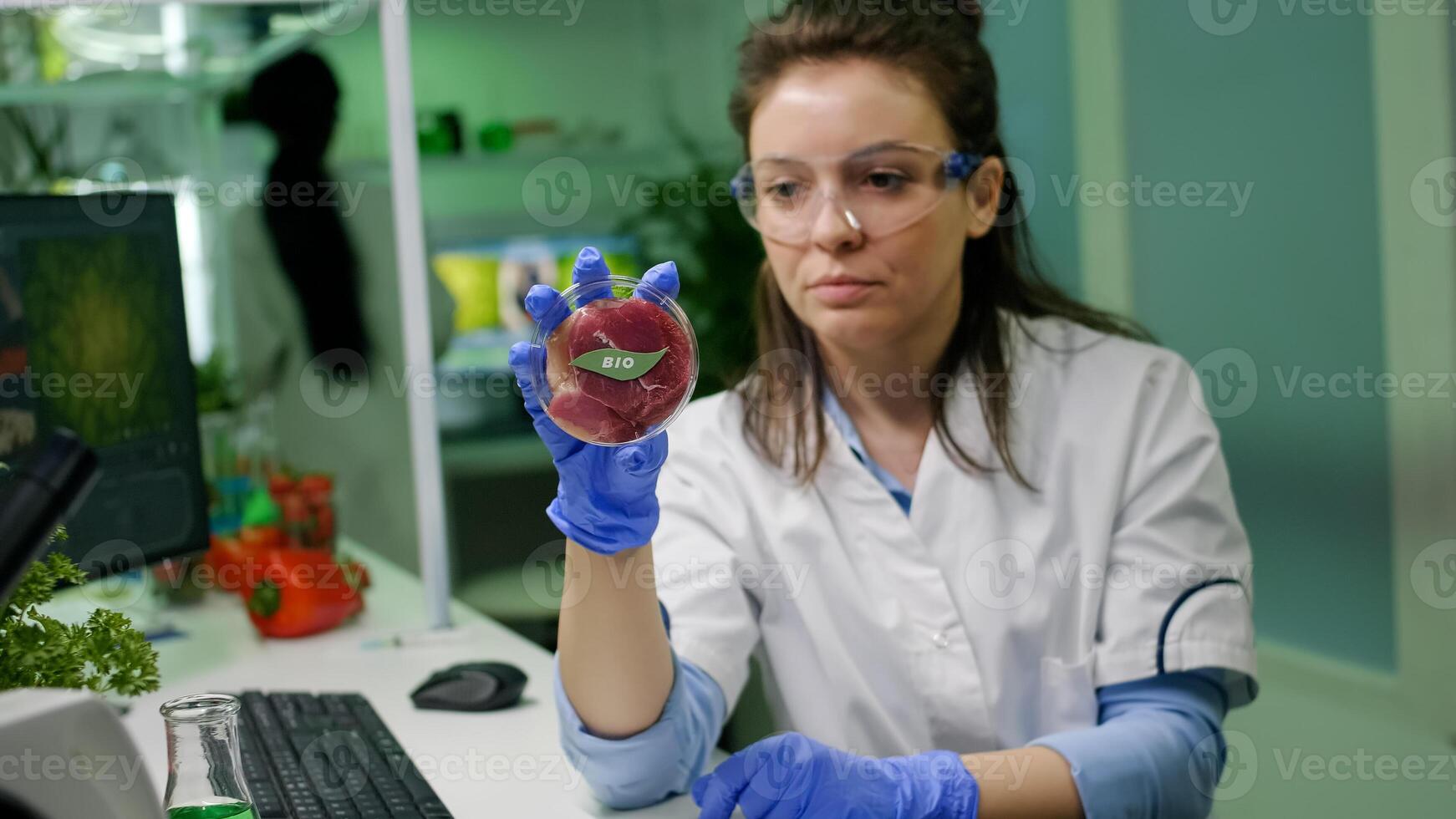 Scientist woman looking at vegan beef meat for biochemistry experiment. Chemist researcher analayzing food genetically modified using chemical substance working in microbiology laboratory photo