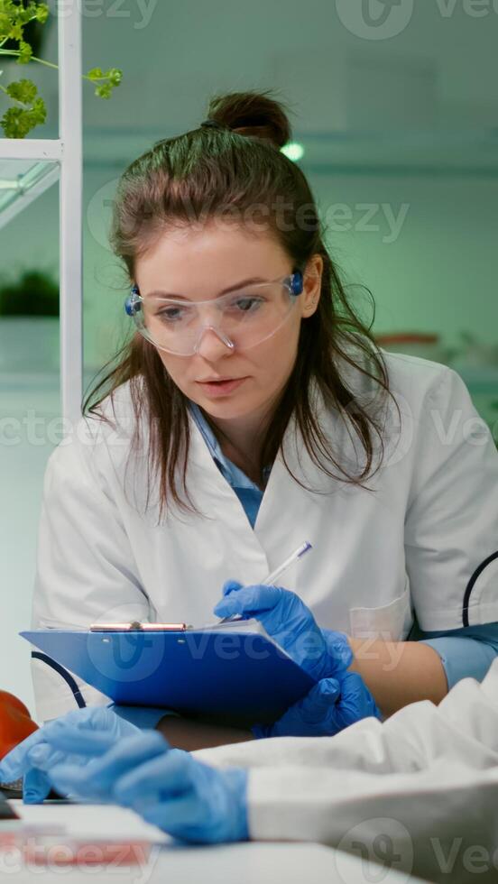 Two scientists talking about vegan meat sample typing biotechnology expertise on computer. Medical team researching vegetareian food modified genetically working in chemistry laboratory photo