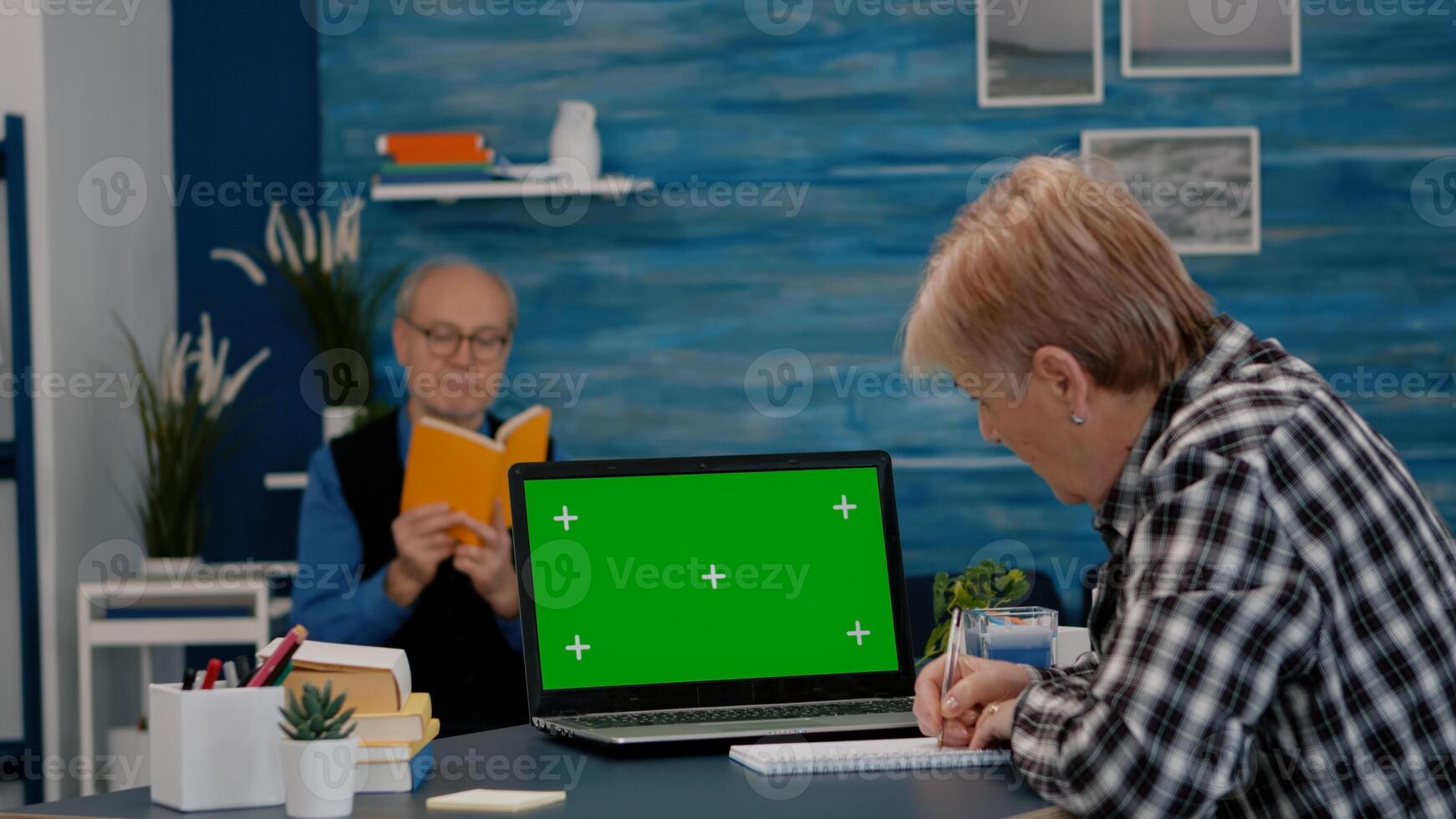 Senior woman looking at green screen monitor working from home, taking notes on notebook. Elderly businesswoman watching desktop laptop display with green mockup, chroma key, while man reading a book photo