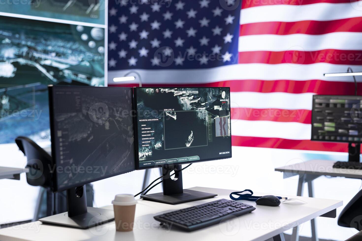 Empty monitoring room with an American flag protecting classified information and state secrets, army agency protecting the country with anti terrorism tactics. Military control center. photo