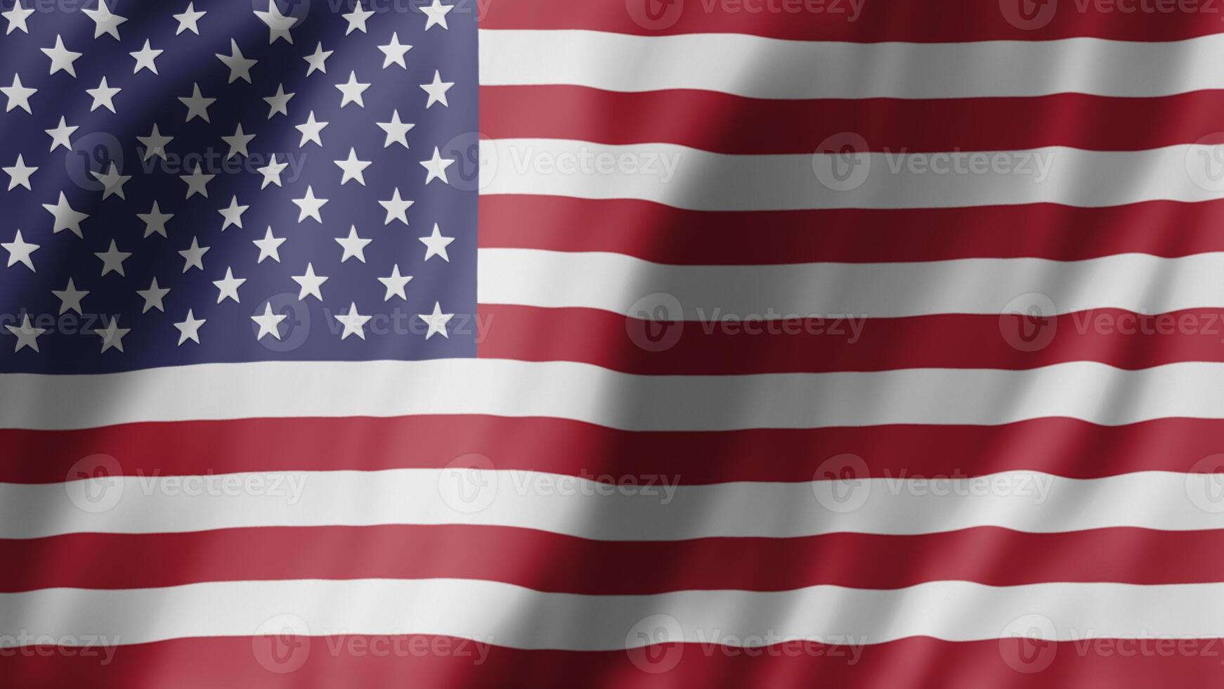 3D rendering of American Flag flapping in Wind, concept of 4th of July and Independence Day. United States of America national flag featuring red and white stripes with stars over blue patch photo