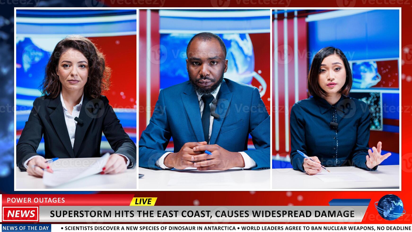 Superstorm events breaking news, expert show host and guests on live channel debating natural disaster worrying population. Diverse team of journalists reporting information from insane island storm. photo