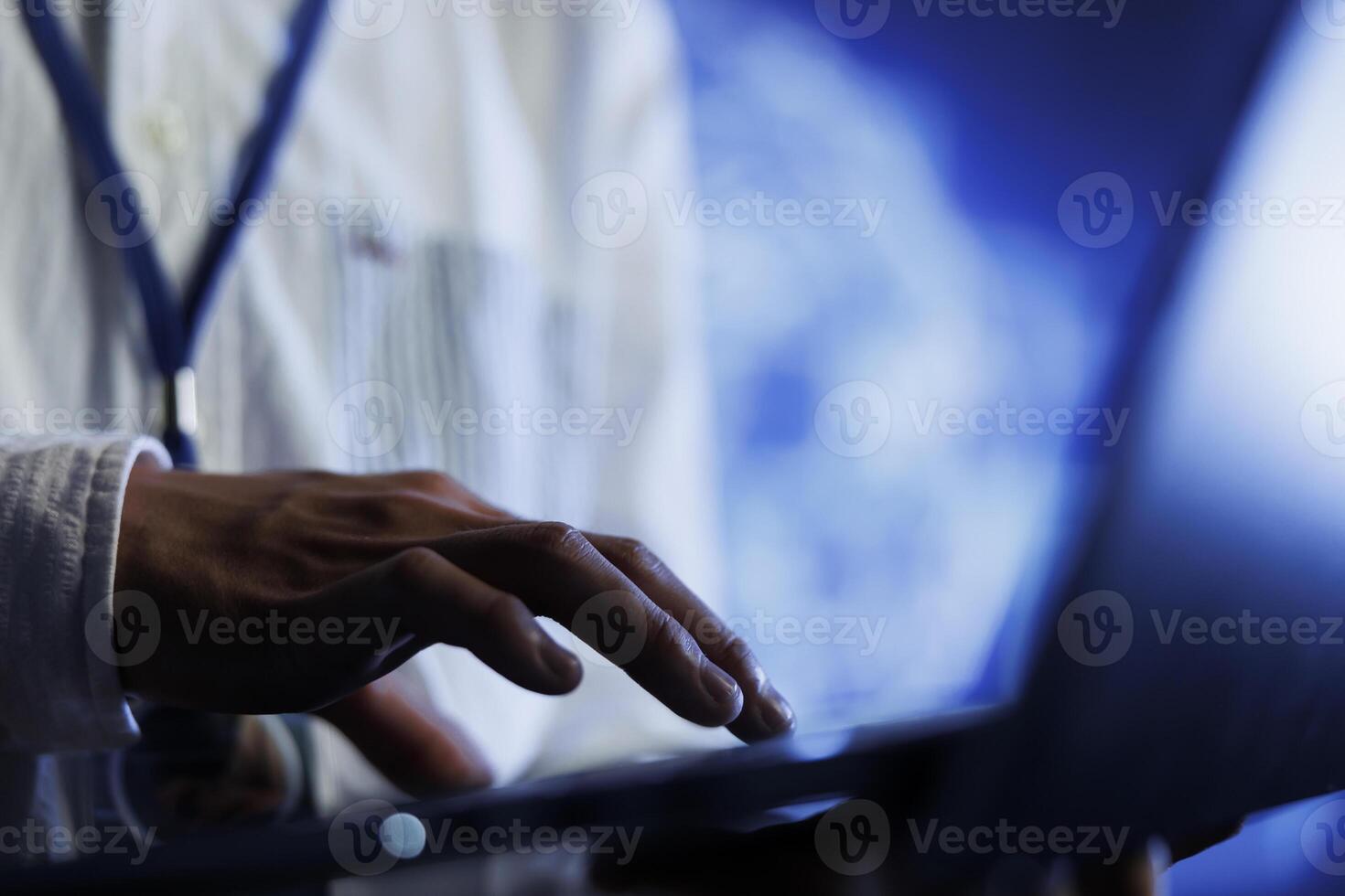 Certified engineer writes code on laptop to visualize artificial intelligence neural networks using augmented reality technology, close up. Data center expert runs AI script for information processing photo