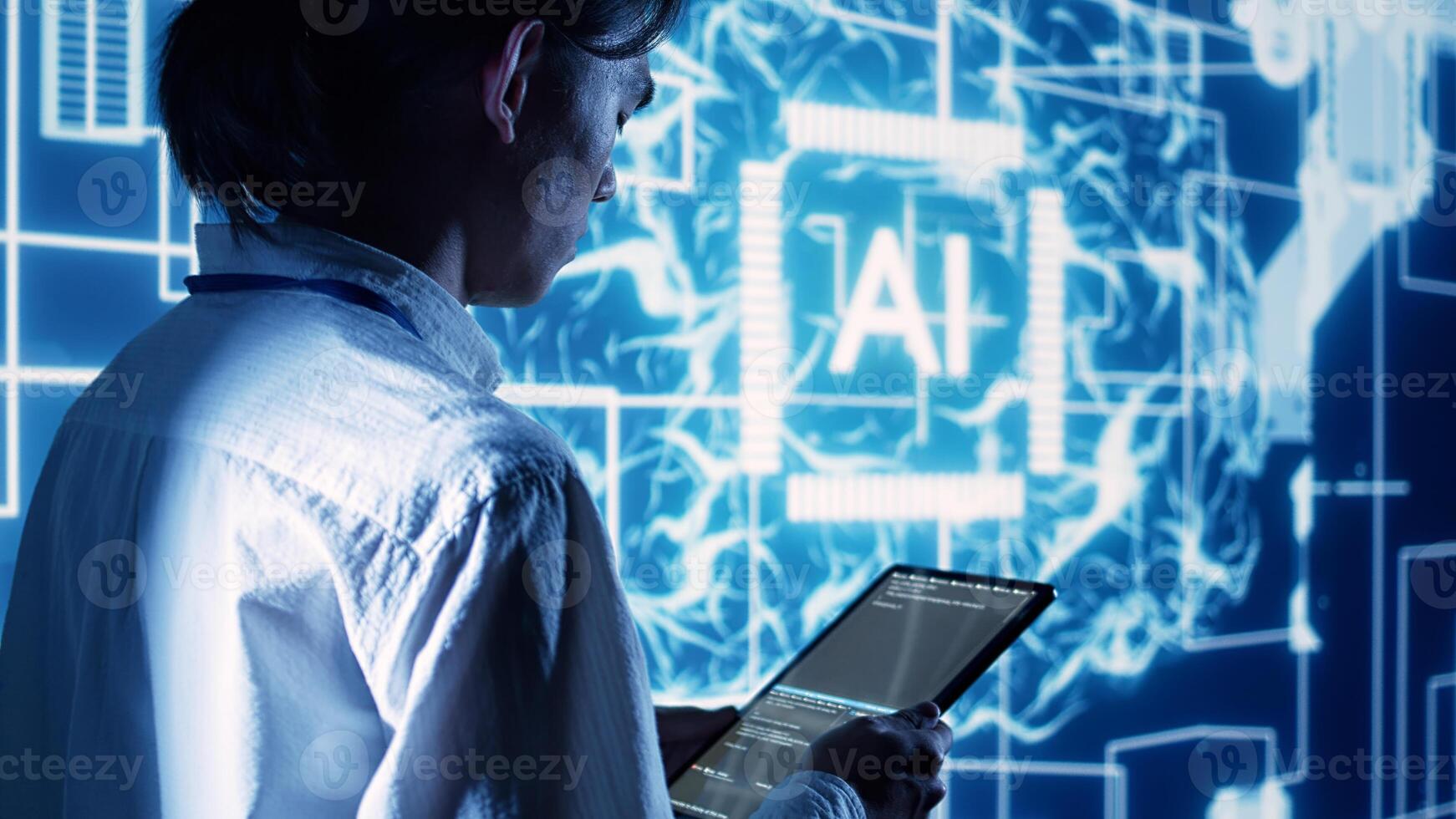 Supervisor overseeing programming scripts on tablet, developing AI machine learning tools. Inspector checking lines of code for artificial intelligence applications development photo