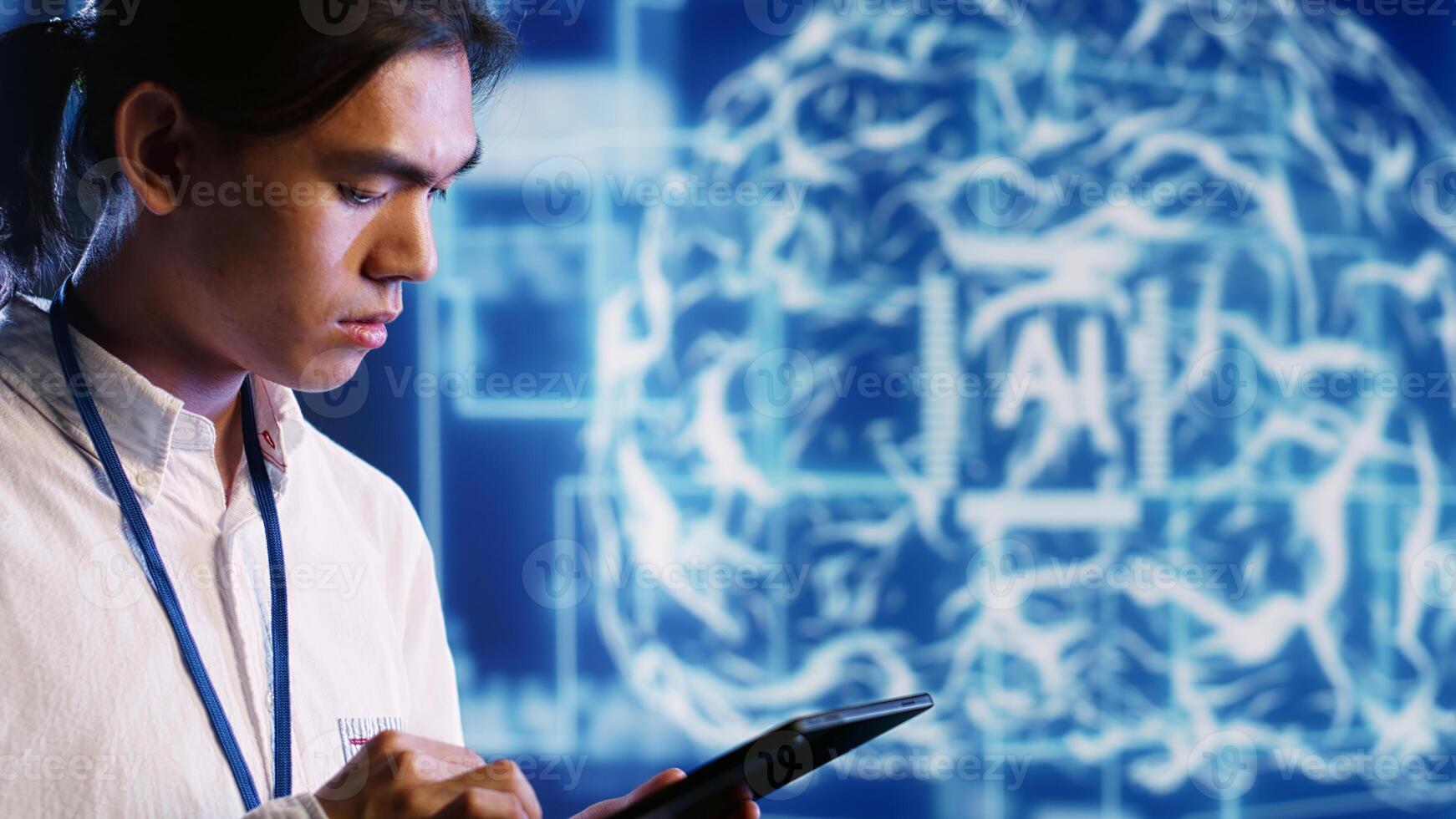 Computer scientist works with artificial intelligence computerized model simulating human brain. Skillful manager overseeing AI visualization showing machine learning algorithms pattern recognition photo