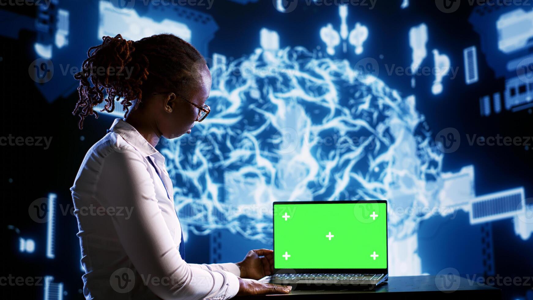 Admin updating AI systems using chroma key laptop, writing intricate binary code scripts. Technical support consultant using programming to upgrade simulation model, using AR to visualize result photo