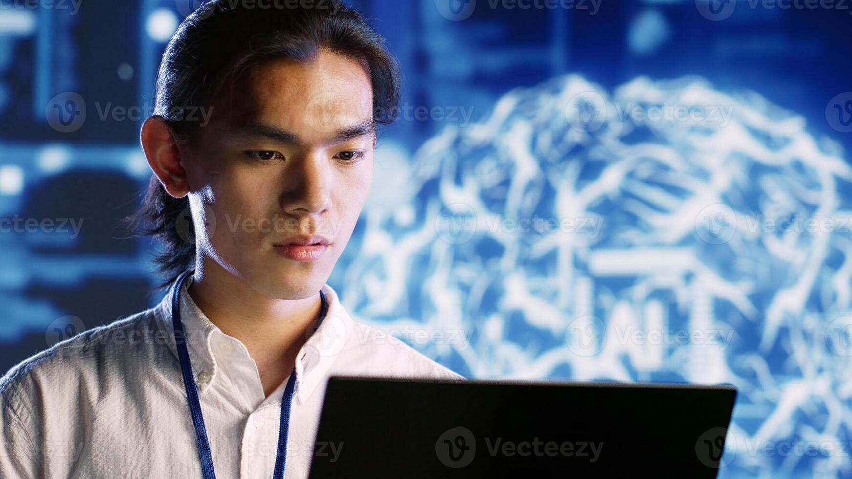 Portrait of joyful professional maintenancing artificial intelligence neural networks made up of interconnected nodes. Cheerful computer operator updates AI system processing information, close up photo