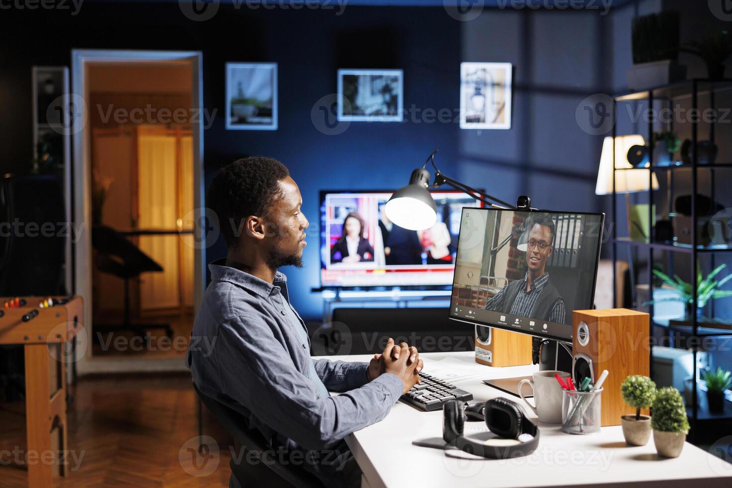 Pupil meeting with mentor on online videocall training program, learning about business operations and assignments at home. Student attends conference with trainer for e learning and advice. photo