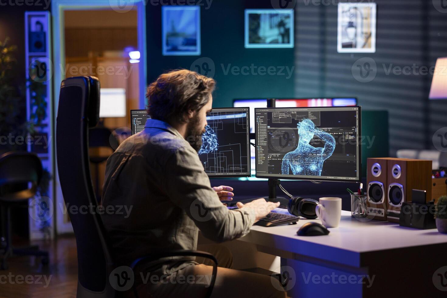 Remote software developing worker saluting artificial intelligence entity with anthropomorphic body. IT freelancer using computer to chat with AI robot in humanoid form doing waving hand gesture photo
