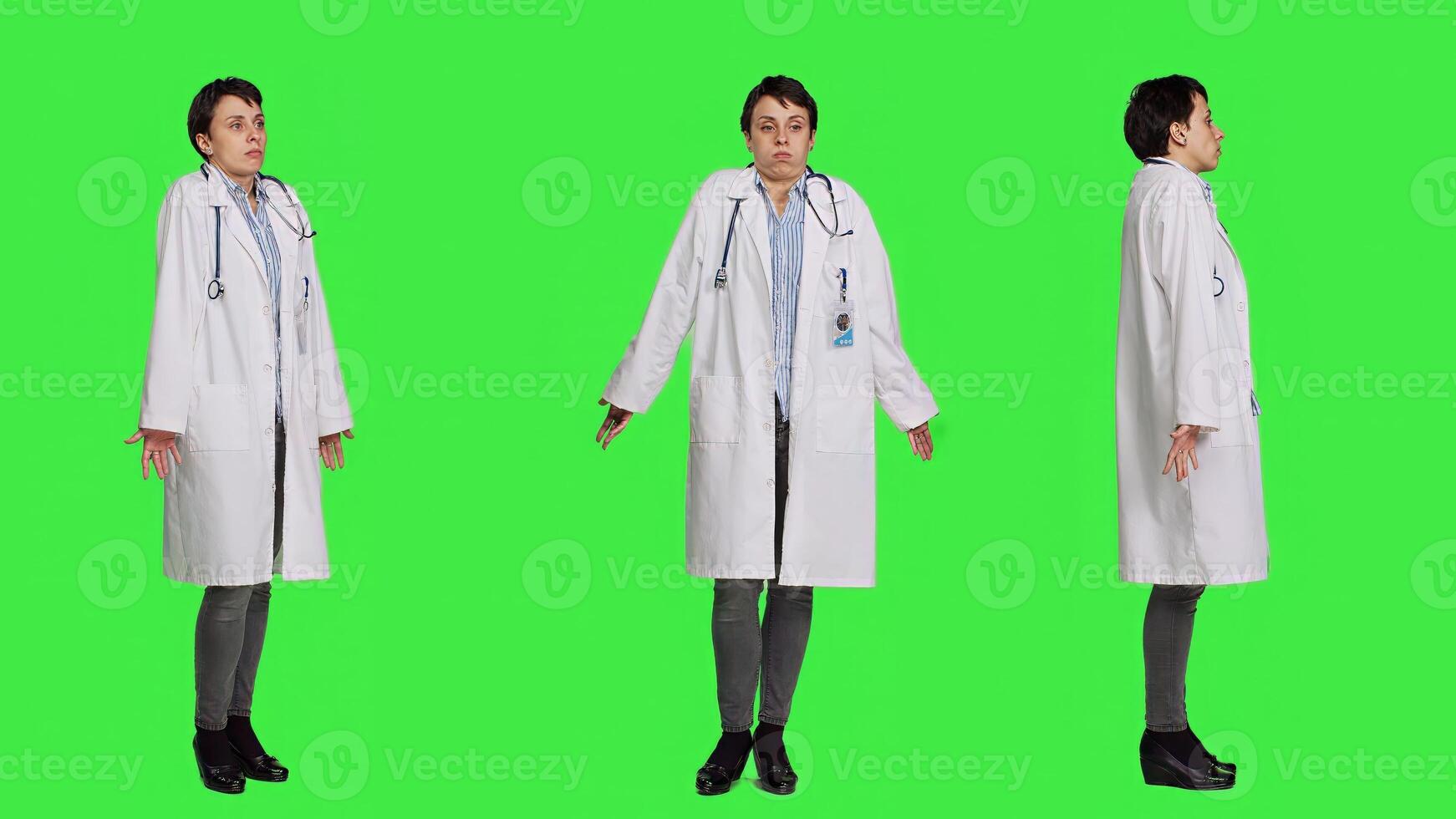 Physician being uncertain about something in studio, shrugging and feeling clueless about the right answer. Doctor doing i dont know symbol against greenscreen backdrop, confusion. Camera A. photo