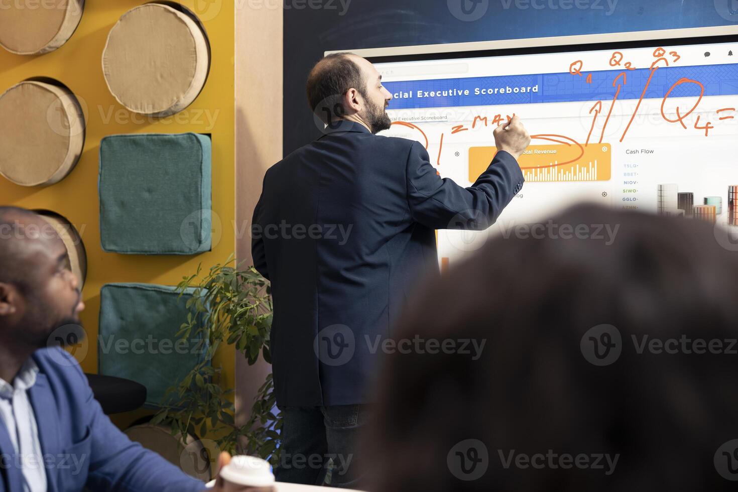 Team of business colleagues examining reports and infographics on interactive board, joining forces to explore essential information for development. Colleagues discussing legal changes. photo