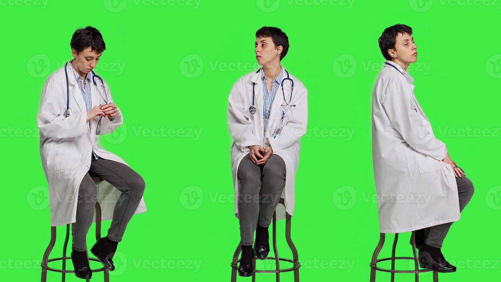 General practitioner acting impatient sitting on a chair against greenscreen backdrop, waiting for patients to attend checkup appointments. Woman specialist in white coat waits for people. Camera A. photo