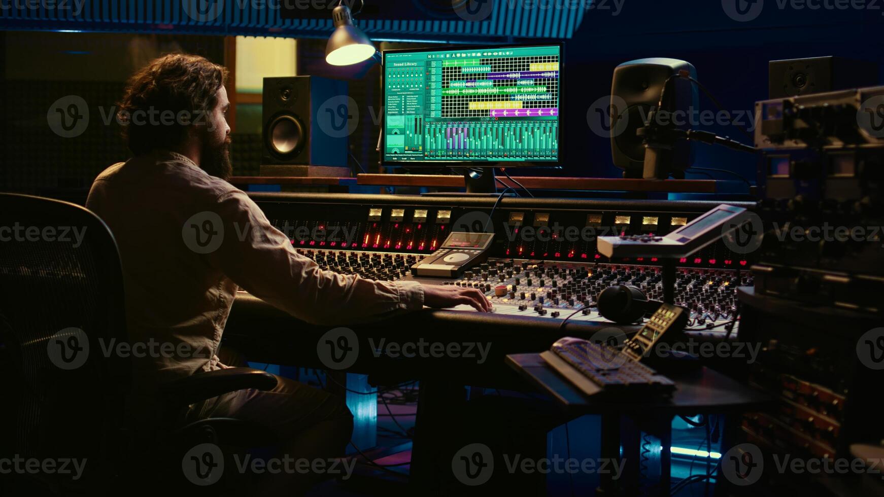 Sound designer recording tunes to create a new song in control room, working on his new album with mixing console and faders. Audio technician producing tracks, pushing sliders. Camera B. photo