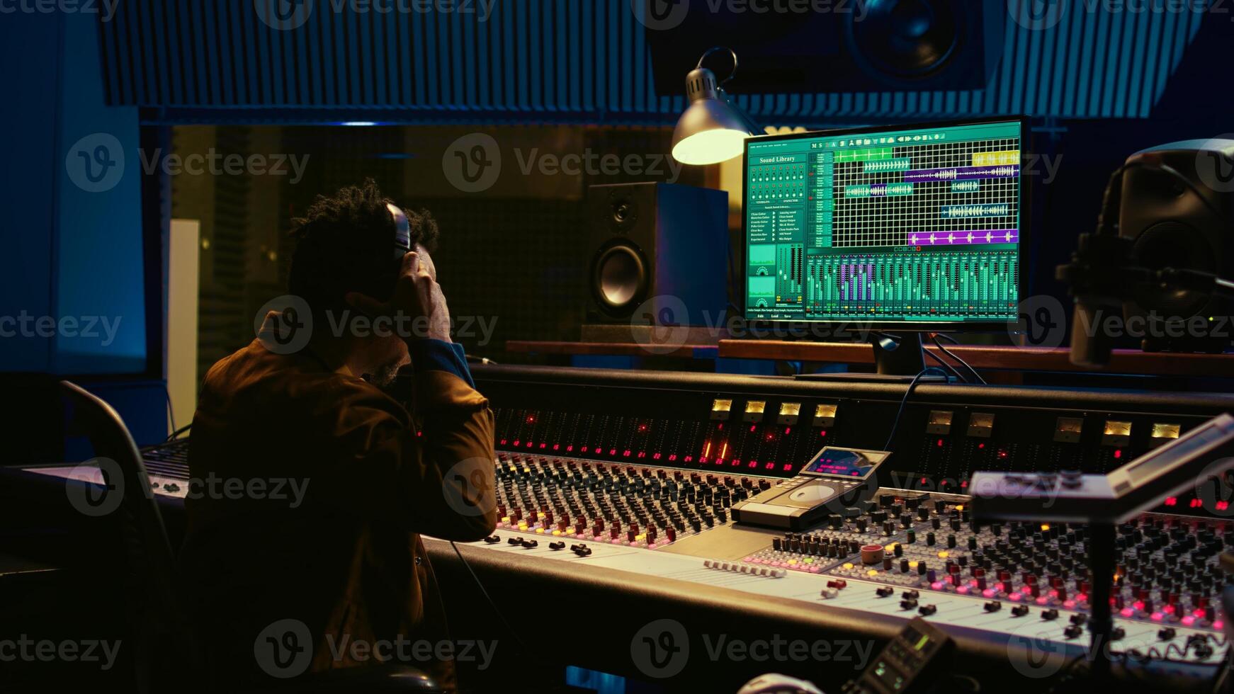 African american sound designer removing tonal imbalances and white noise on recorded files, music industry post production in professional studio. Control room expert editing tracks. Camera B. photo