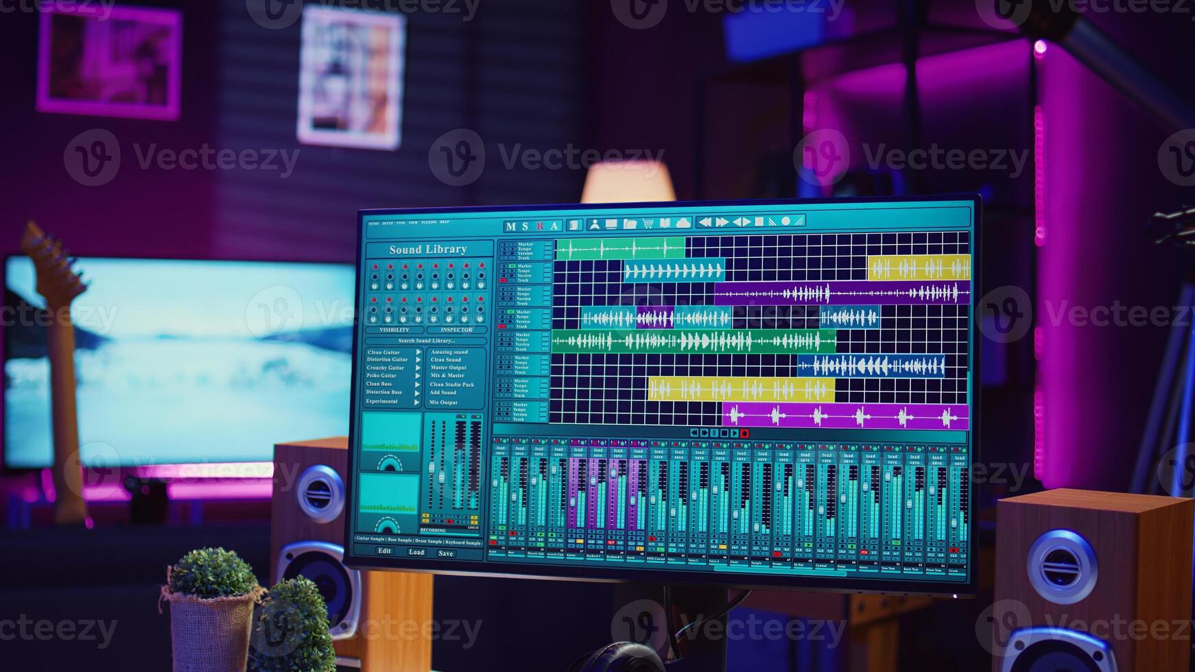 Empty home studio filled with recording and mixing instruments, electronic devices and daw software used for music production and acoustics. Modern bright space with soundboard panel. Camera AB photo