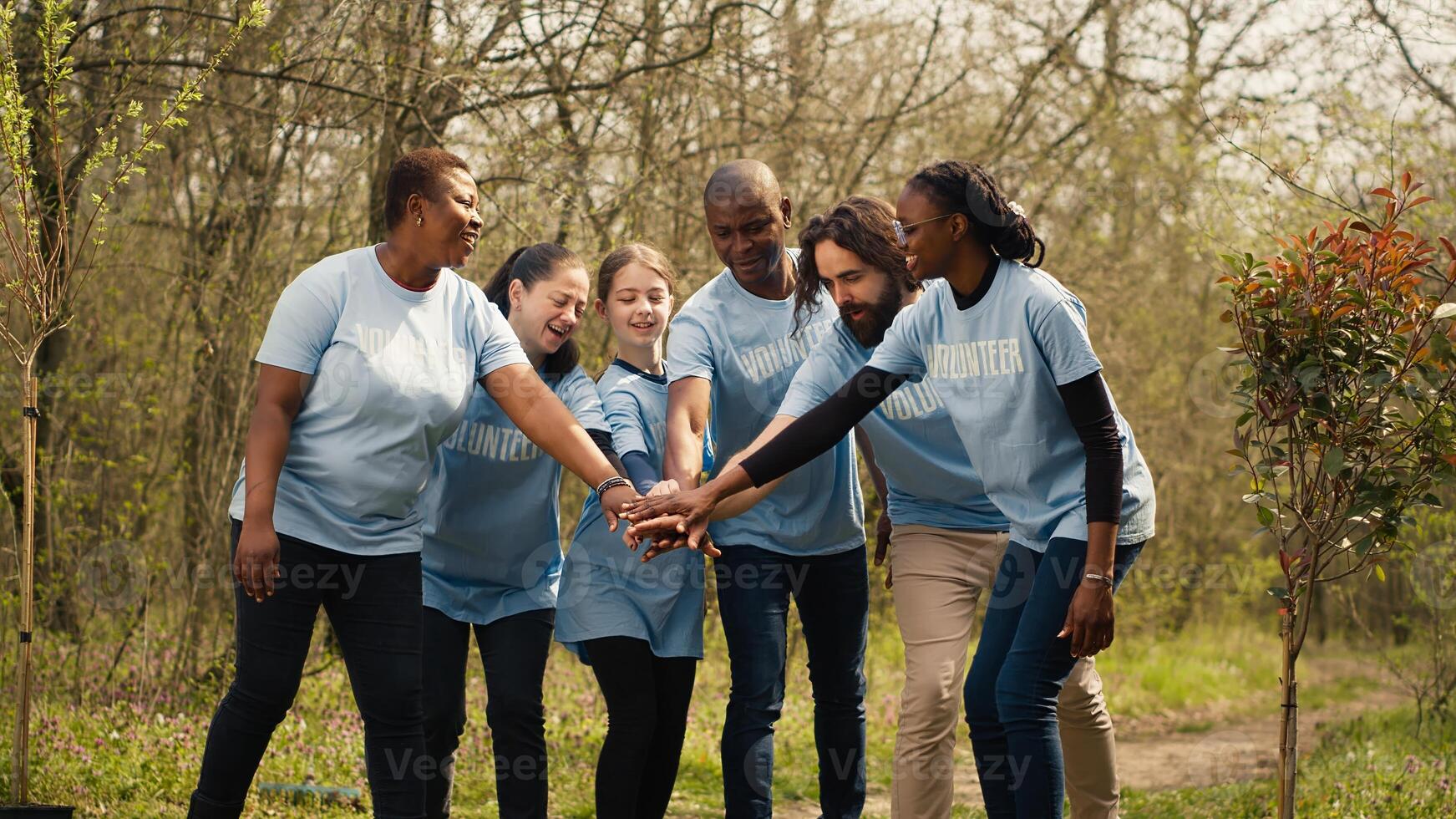 Joyful optimistic group of activists unites to clear out the woods, enjoying their voluntary efforts by locking hands. Satisfied people adopting devotion towards the environment. Camera A. photo