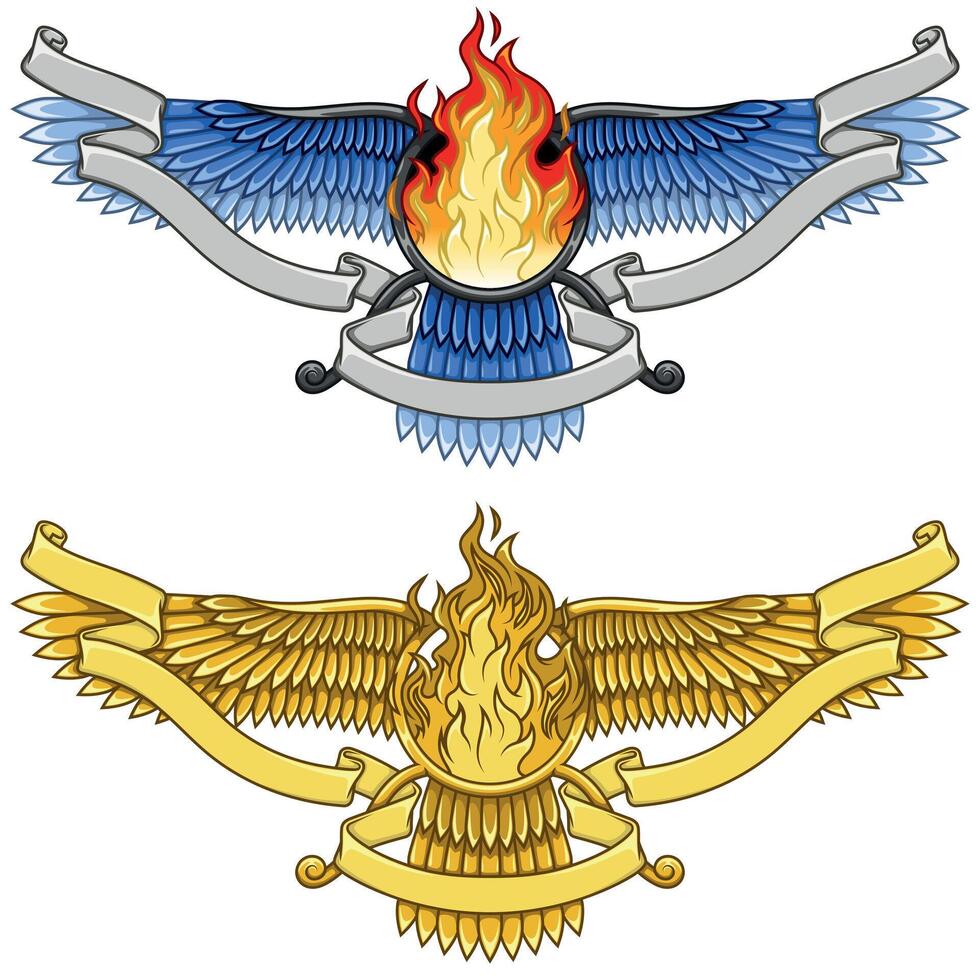 Zoroastrian winged solar disk with fire and ribbon vector