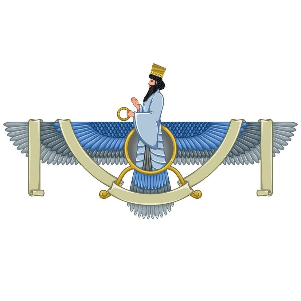 Zoroastrian winged solar disk with ribbon vector