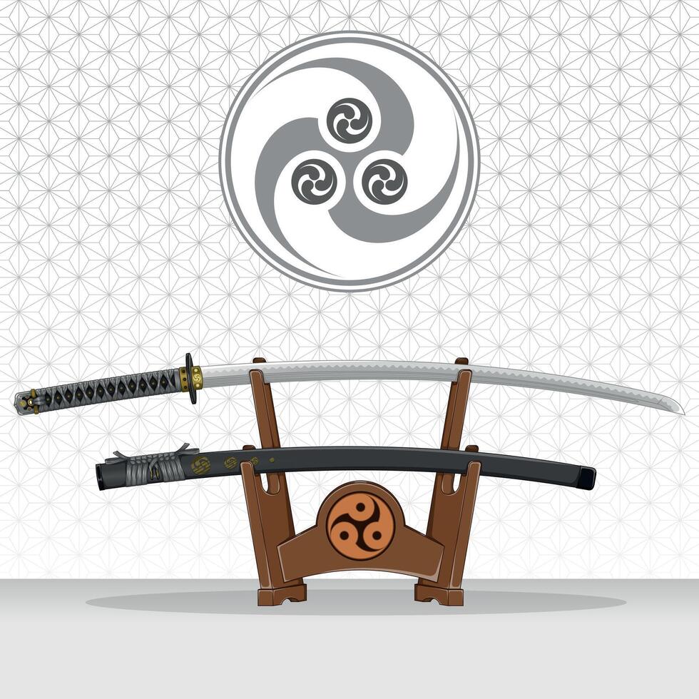 Samuray katanas on wooden stand vector