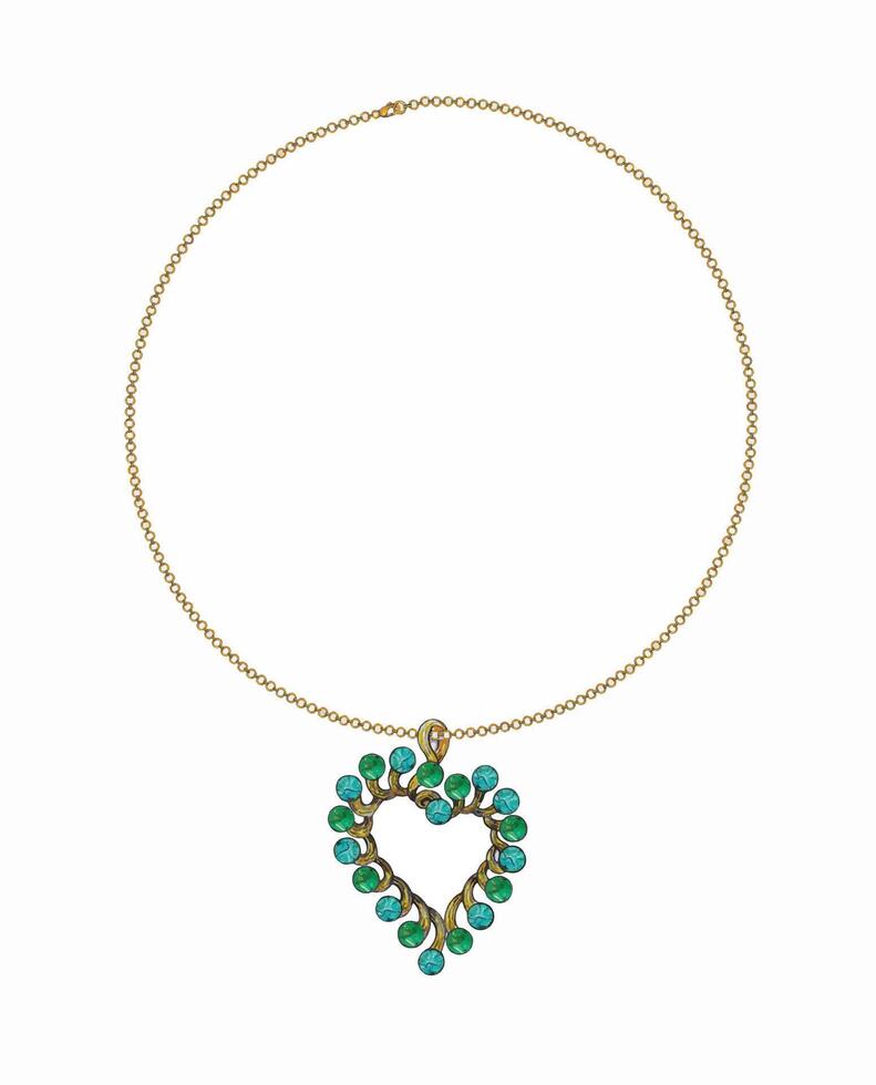 Fancy heart necklace set with turquoise hand drawing on paper make graphic . vector
