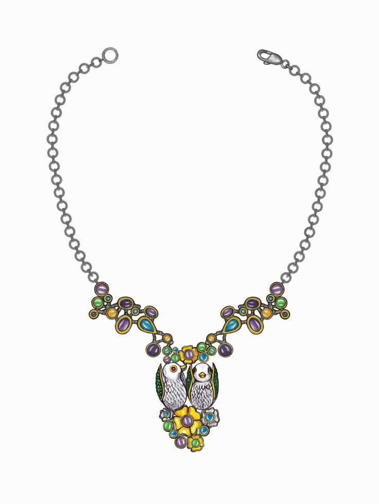 Couple bird fancy art necklace set with gems hand drawing on paper and make graphic . vector