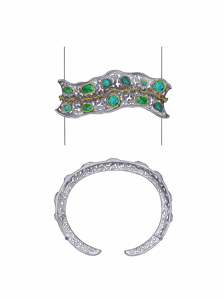 Art bangle jewelry design set with turquoise hand drawing on paper and make graphic . vector