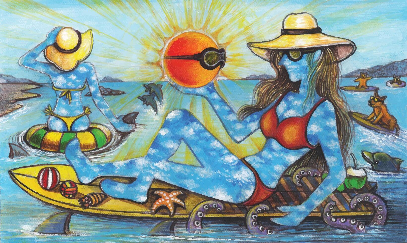 Sunny surreal beach day hand painting on canvas and make graphic . vector