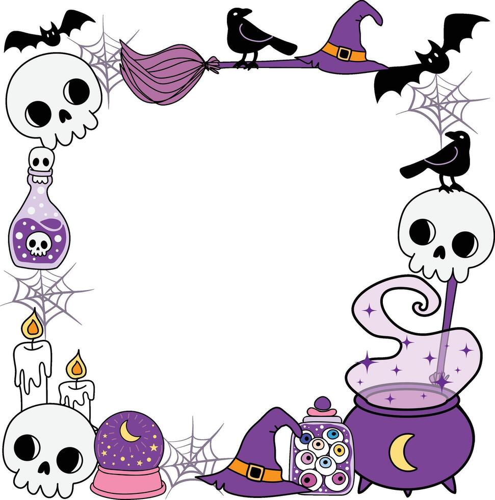 Cute Purple Spooky Halloween Witchy Frame Border Wreath Garland with Cauldron, Witch Hat, Broomstick, Crow, Bat and Potion Bottles clipart for decorate card poster banner background vector