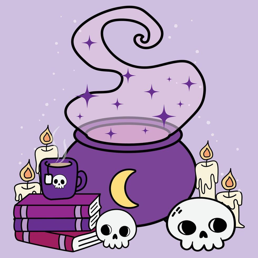 Halloween Witch Cauldron with Skulls, Spell Books, and Candles - Cute Spooky Decor Illustration for Witchcraft, Gothic, Mystical, and Enchanted Aesthetic Art vector