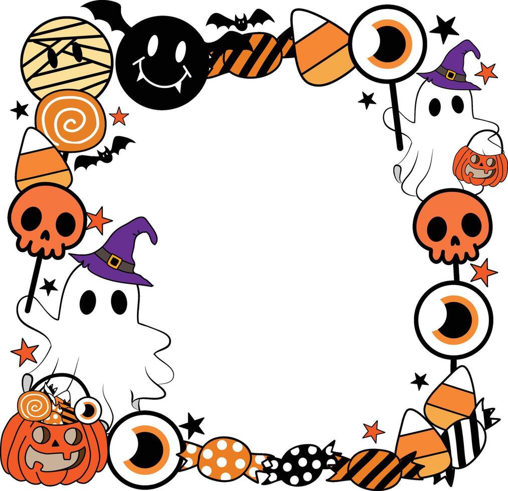 Halloween Cute spooky Ghost with Jack-O'-Lantern candy basket frame Border Wreath Garland for decorating invitations, celebration greeting Party Cards, Posters, Banner ,Background vector
