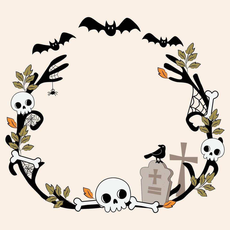 Spooky Cute Halloween Wreath Garland with Skulls, Bats, graveyard, tombstone, raven, spider webs, autumn leaves, Bones for Decorate invitation greeting party celebration card poster banner backgrounds vector