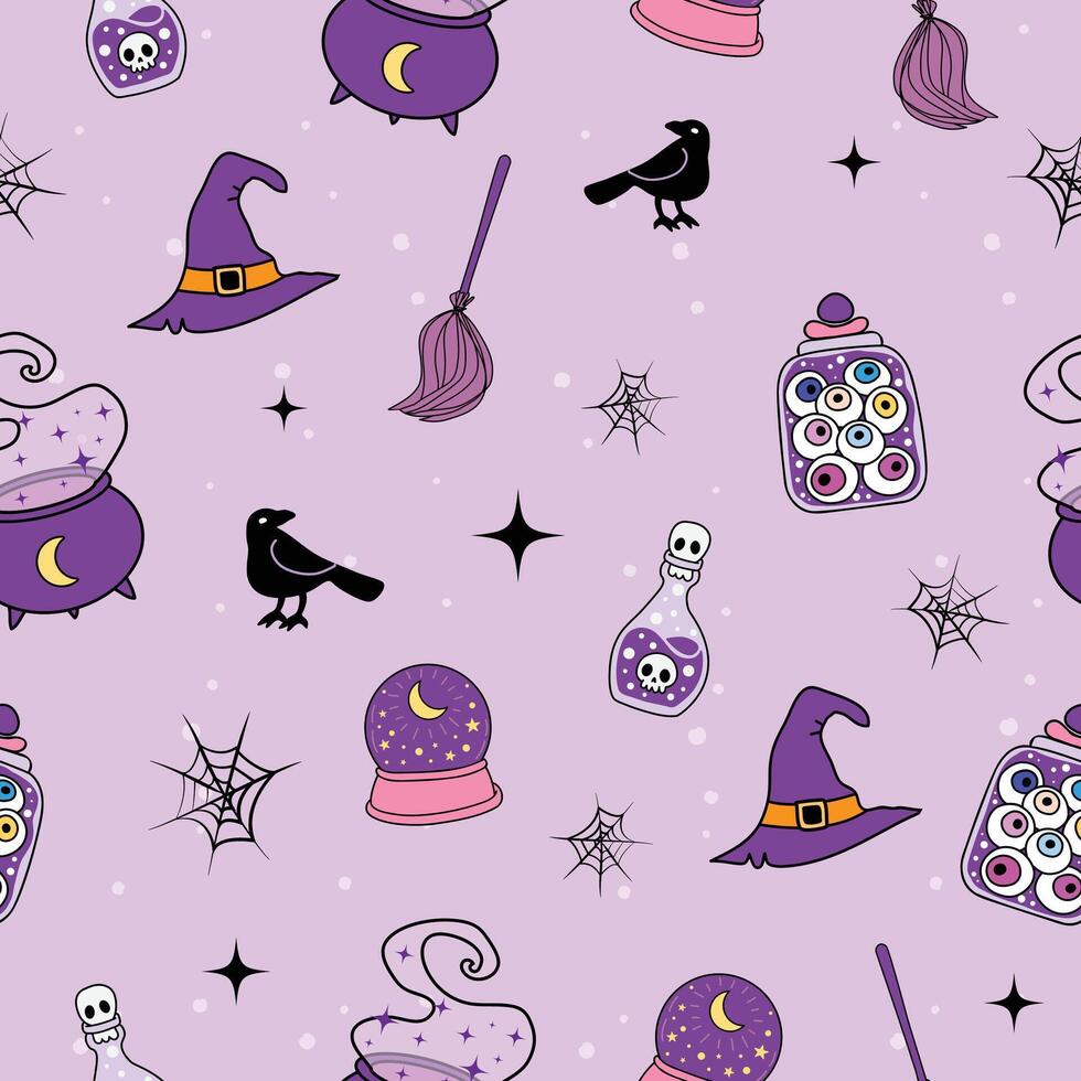 Seamless Cute spooky Halloween Witchy Pattern with Cauldron, Witch Hat, Broomstick, Crow, and Potion Bottles illustration for card poster, textiles, wallpaper, paper wrap, background vector