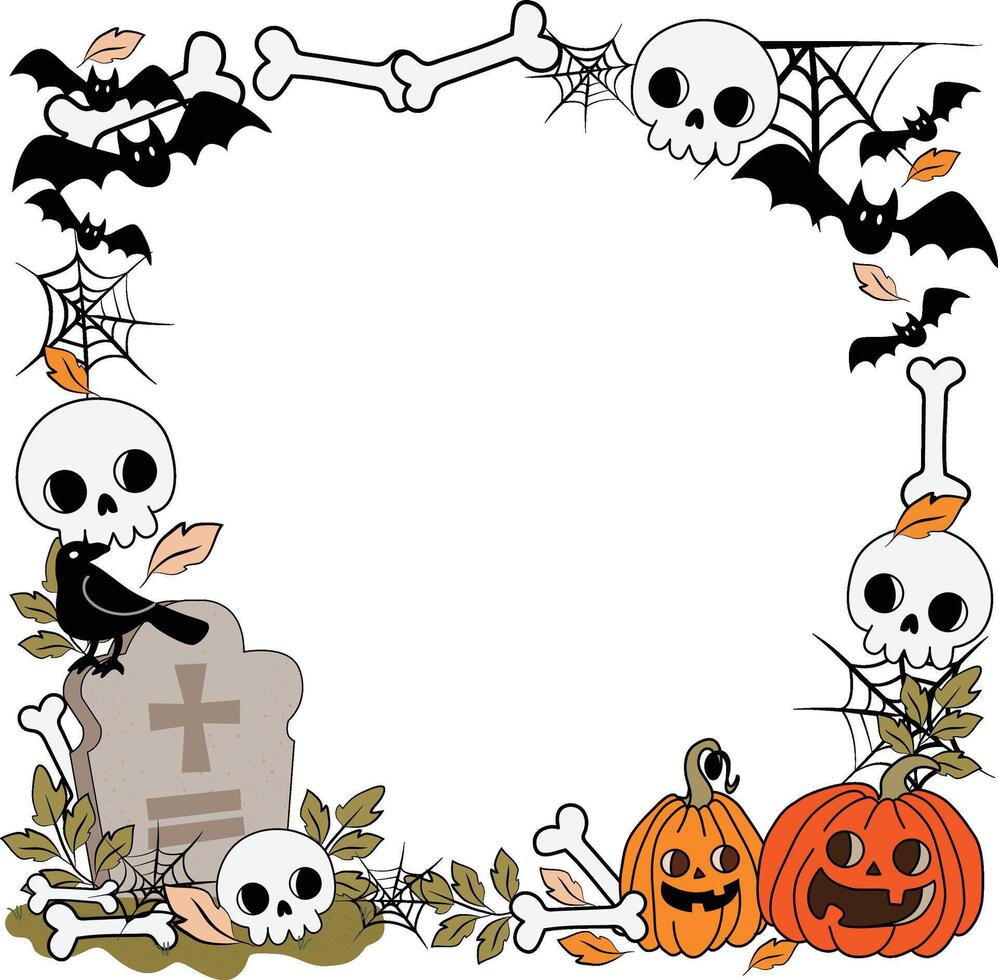 Spooky Cute Halloween Frame Wreath Border with Skulls, Bats, Pumpkins, and Bones Element for decorate invitation greeting birthday party celebration card poster banner background vector