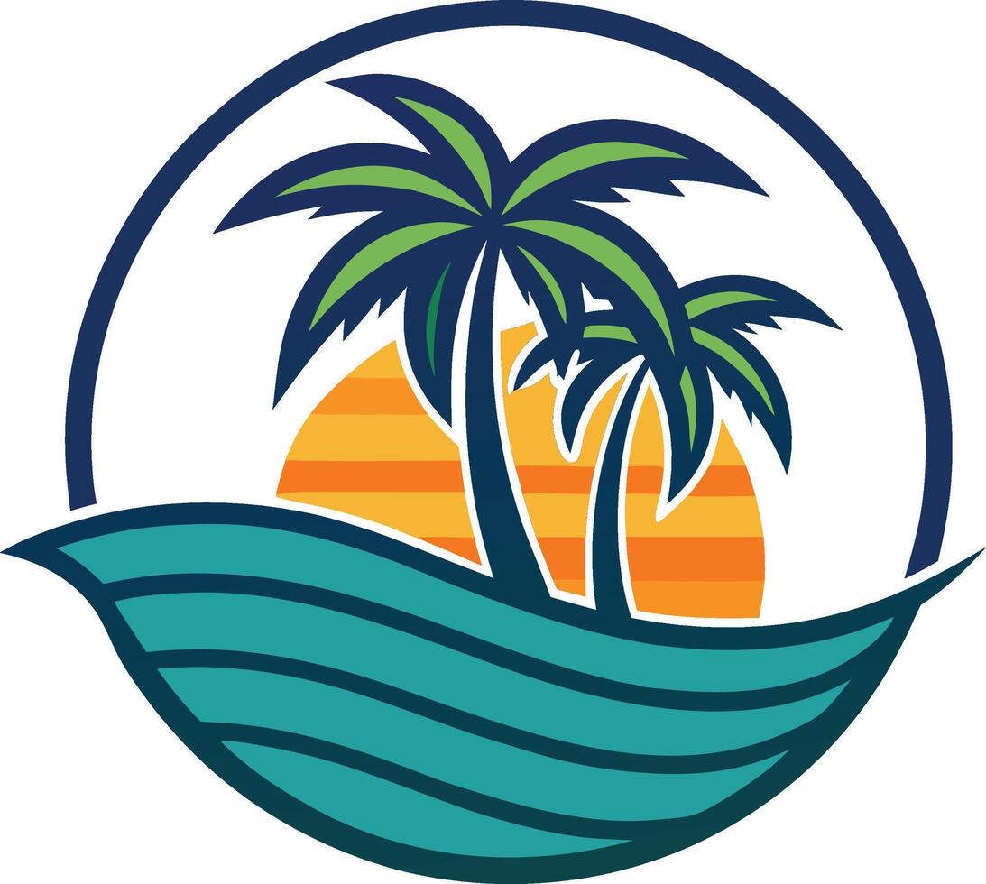 There are logos with palm trees, suns, waves, and sunset imagery white background vector