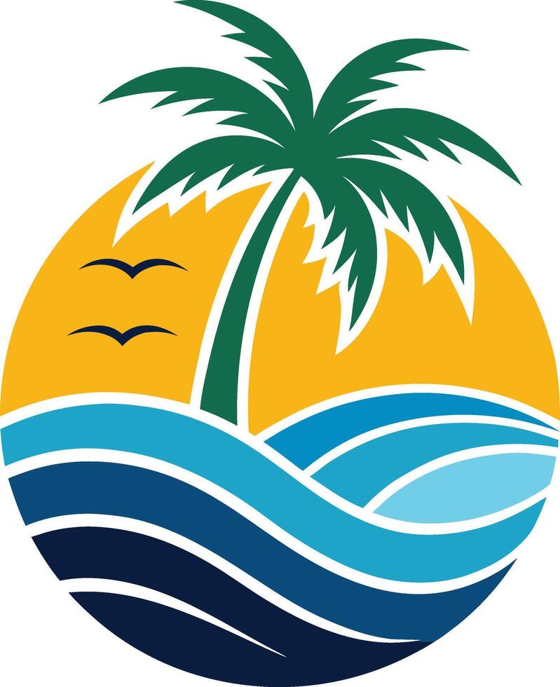 Illustration of palm tree on beach in circular frame vector
