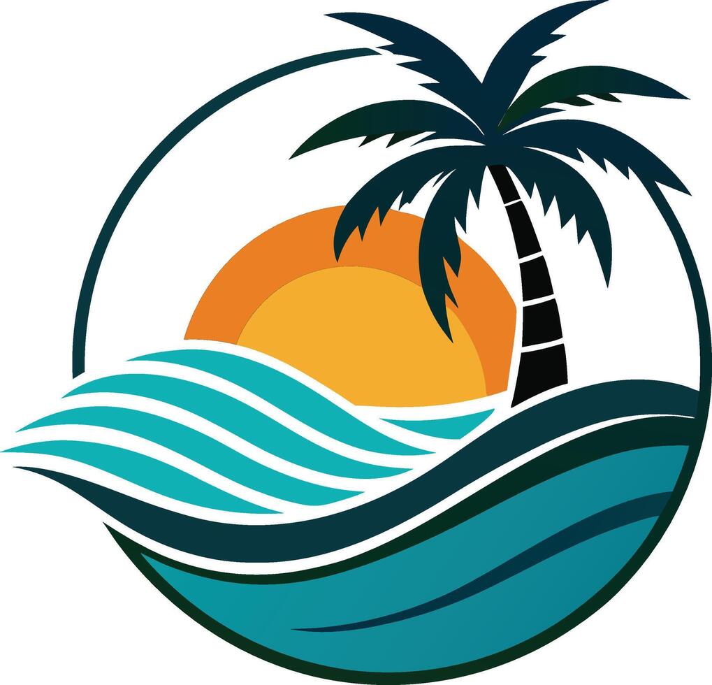 tropical-themed icons, including palm trees, boats, and sunsets vector