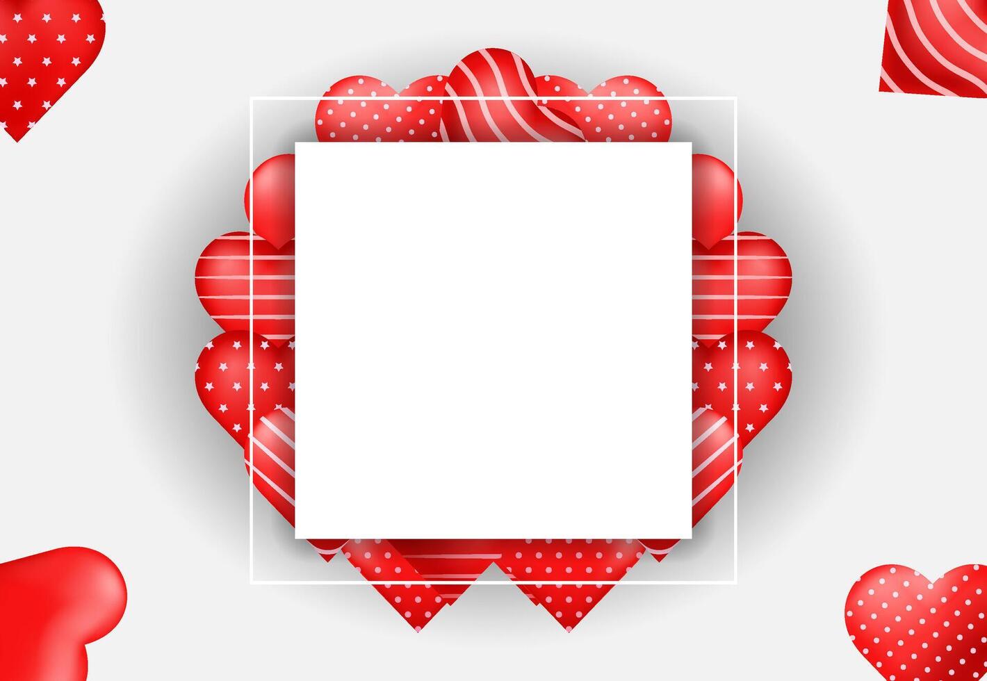 Valentine's day poster banner . Romantic background with realistic design elements, 3d red hearts with white square frame vector