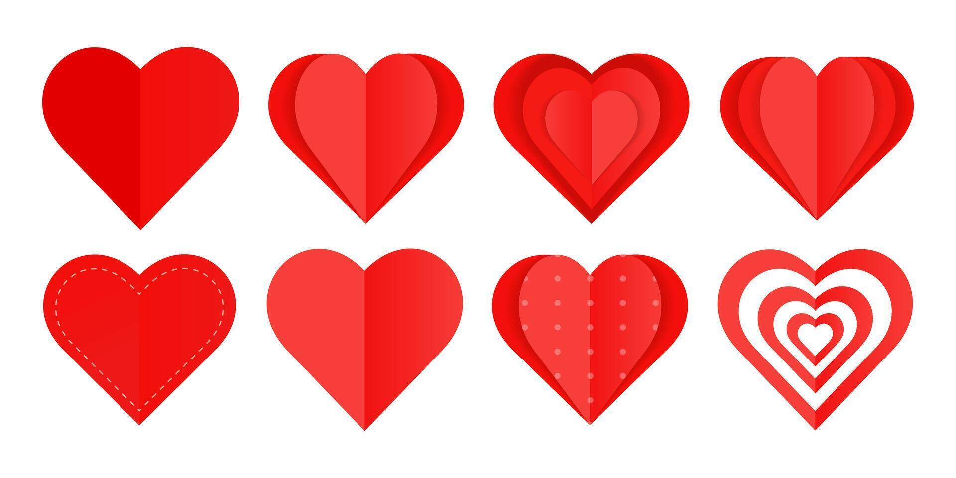 Red paper heart isolated on white background. Cute love set vector