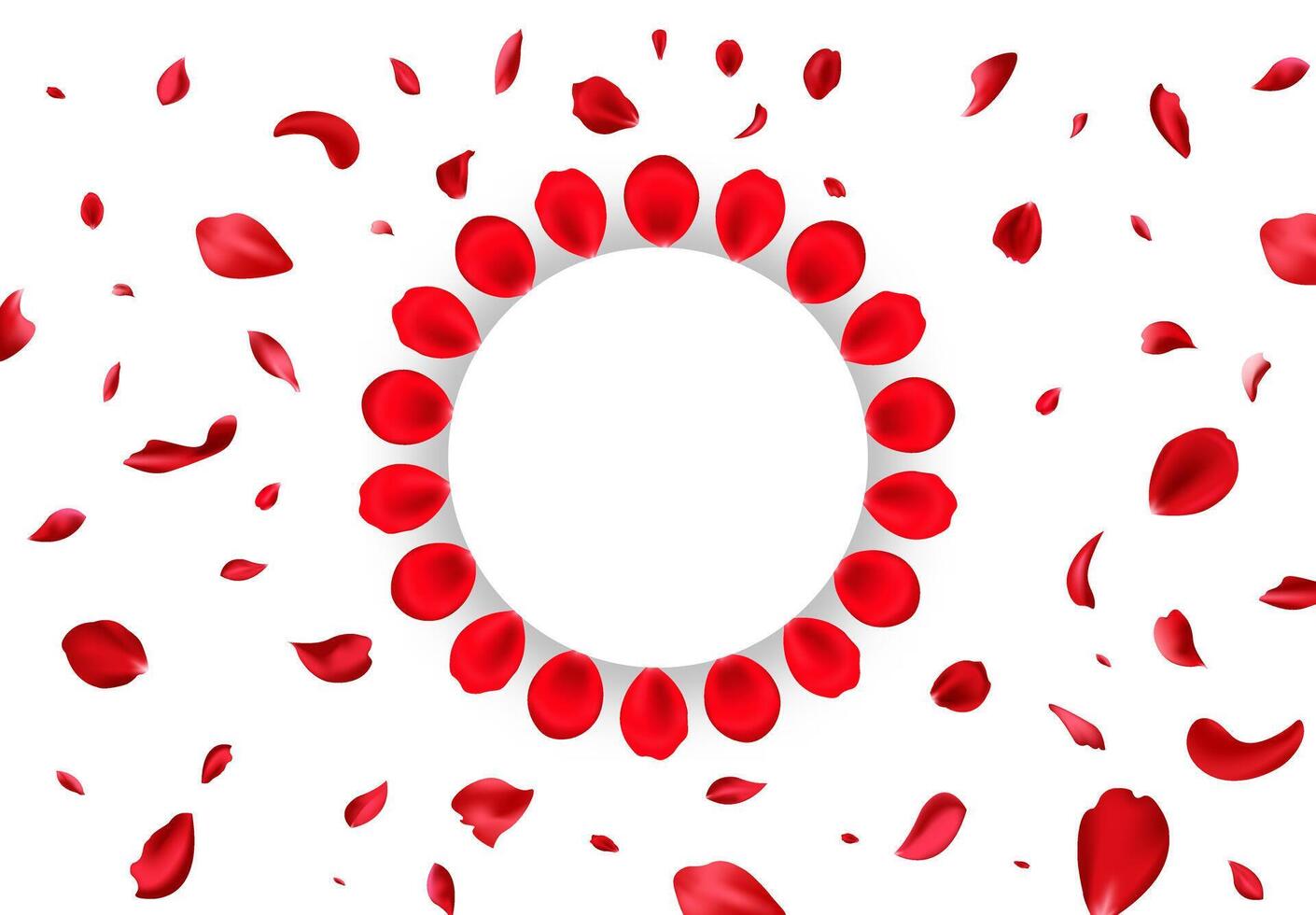 Romantic background with rose petals and round frame. romance concept. Rose petal falling. Confetti petal vector